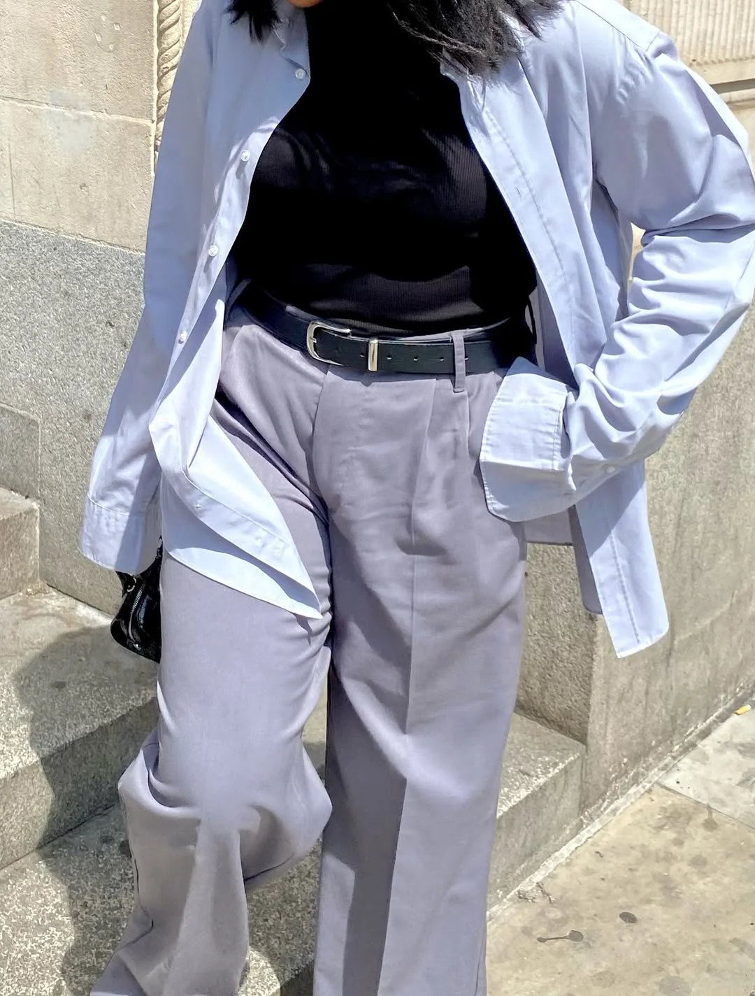oversized summer outfit 2026 Powder Blue Shirting with Tailored Gray Trousers