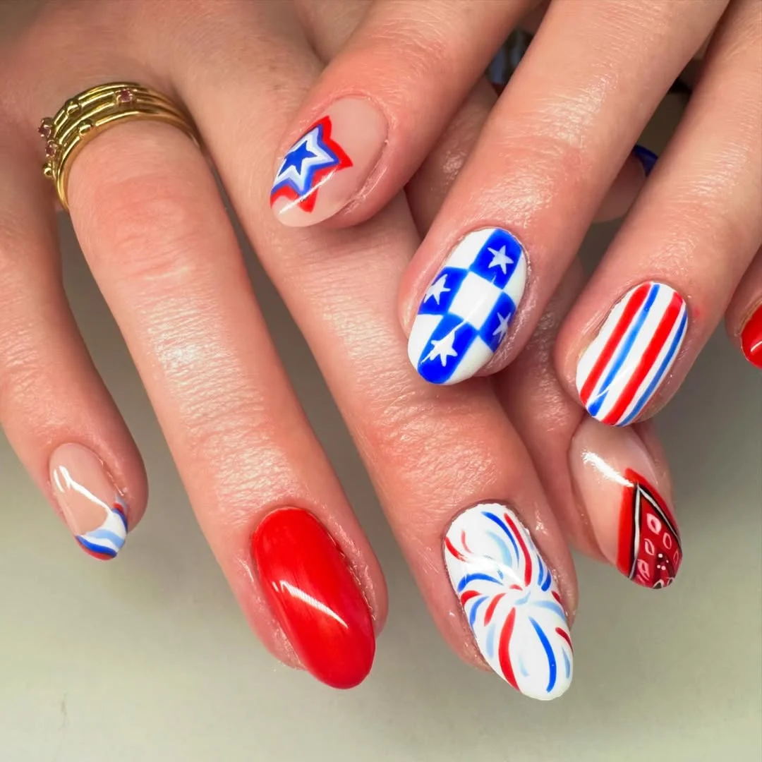 patriotic nails 2026 + Festival Mix and Match Nails with Fireworks and Bandana Details
