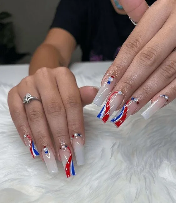 patriotic nails 2026 + Crystal Accent French Tips with Red and Blue Ribbon Waves