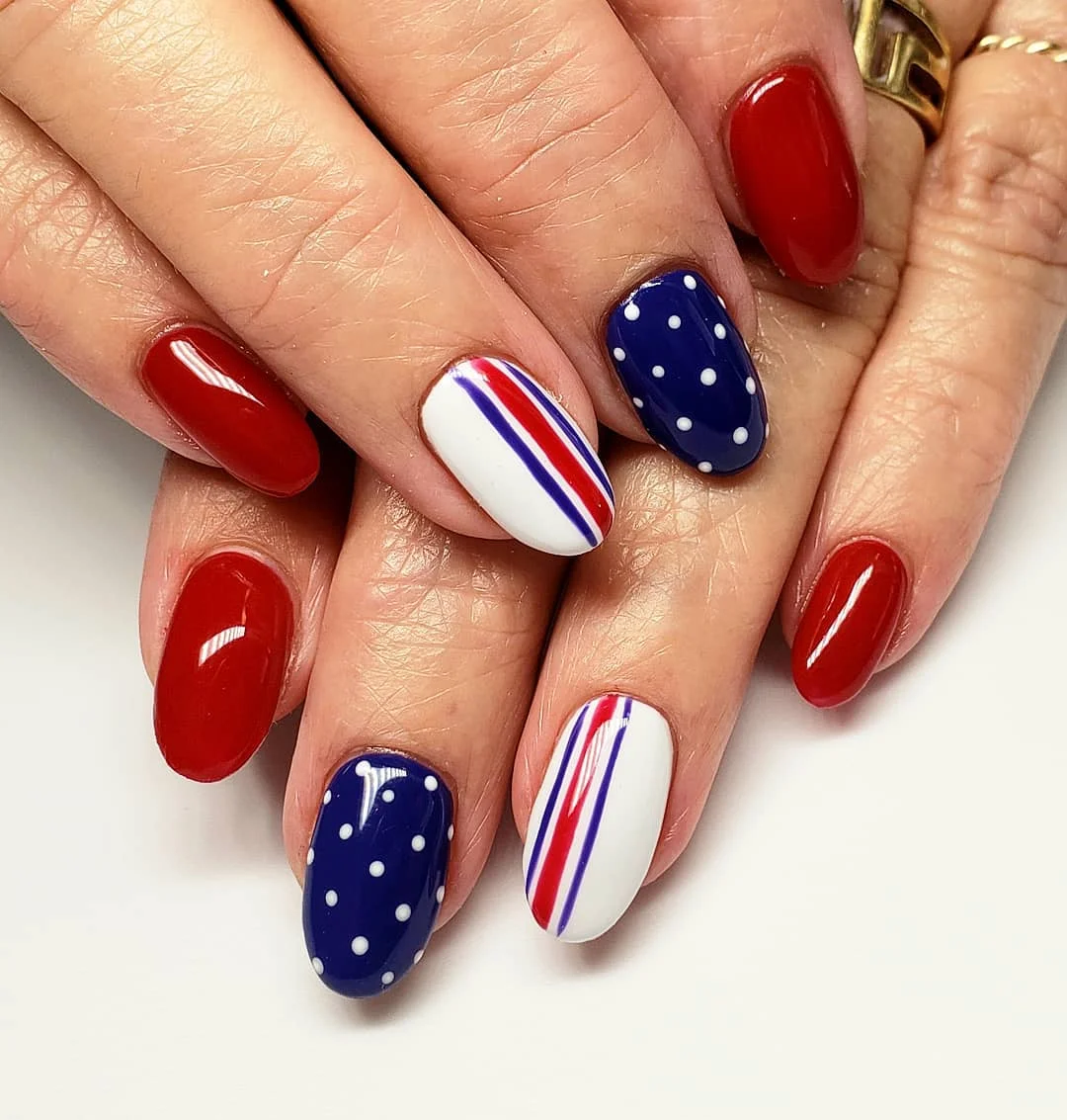 patriotic nails 2026 + Polka Dot Navy and Stripe Accents for a Retro Holiday Mood
