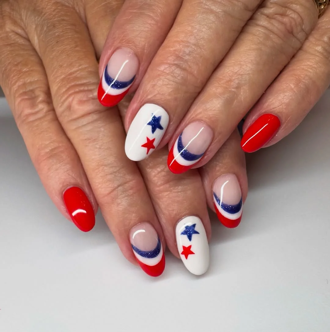 patriotic nails 2026 + Red French Curves with Star Accents and a Blue Glitter Sweep