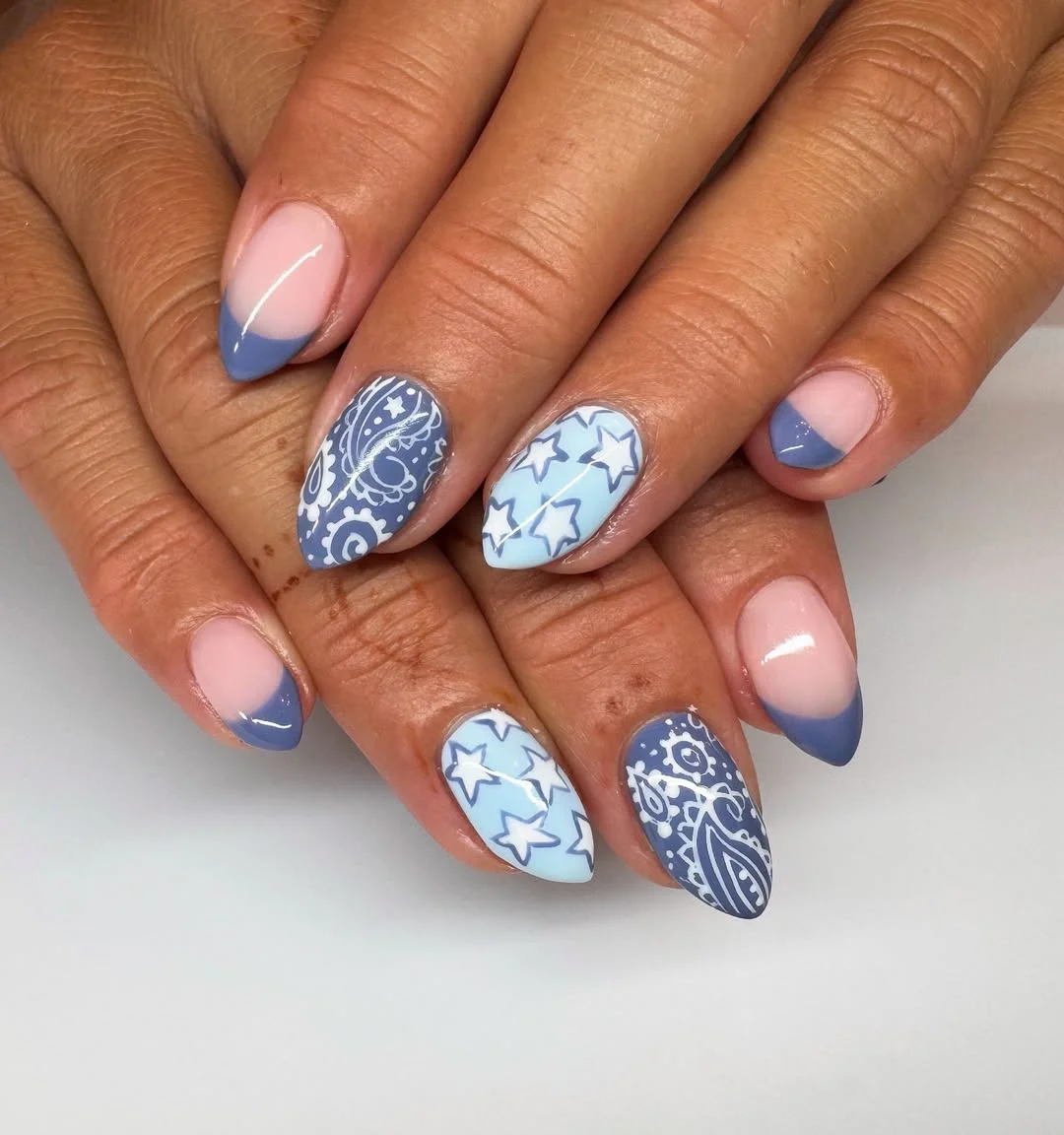 patriotic nails 2026 + Soft Blue Bandana Nails with Delicate Star Details