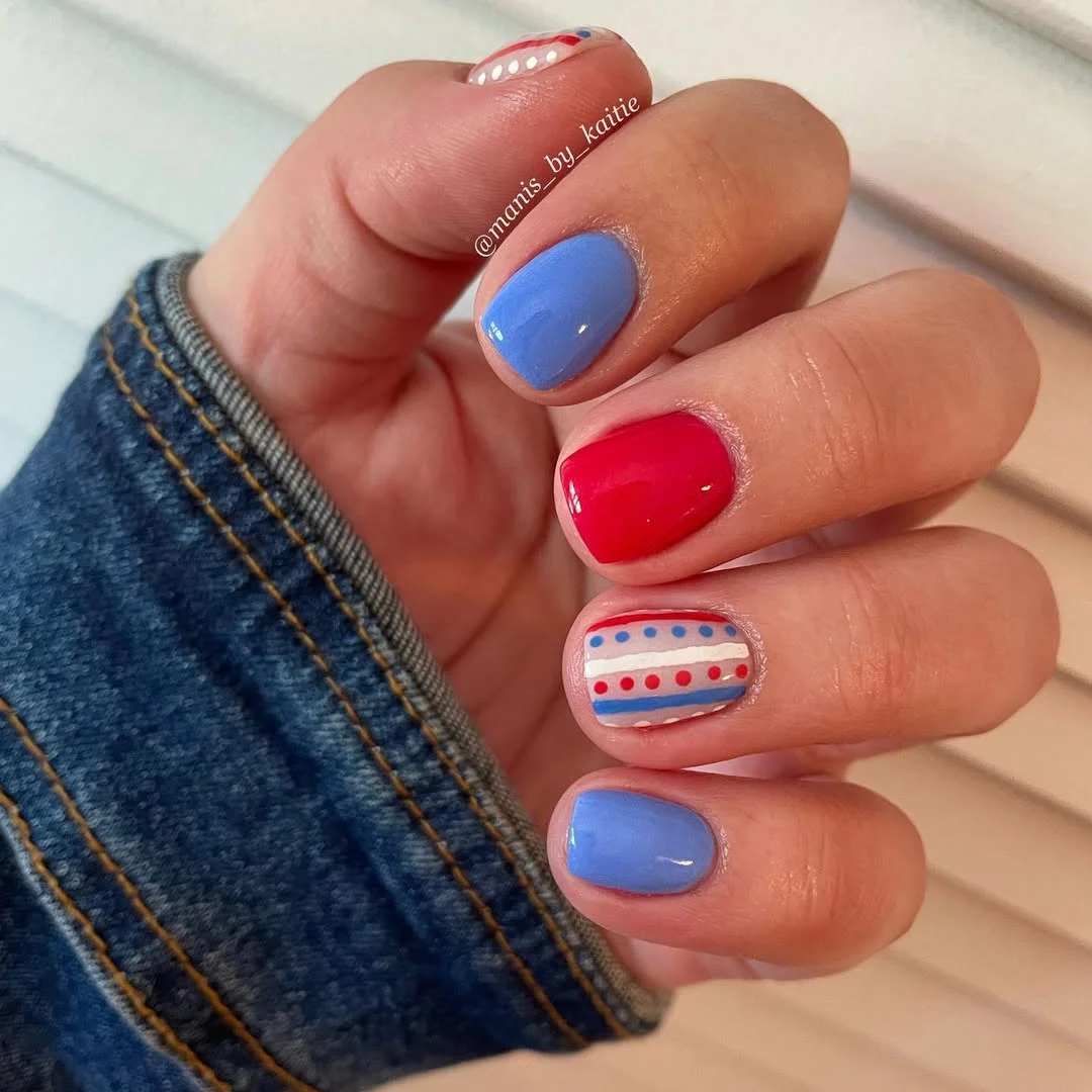 patriotic nails 2026 + Denim Blue Short Nails with a Cherry Red Accent