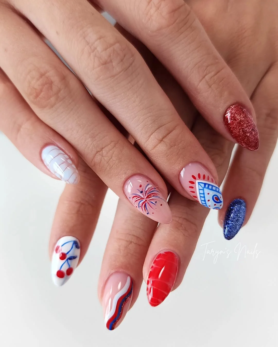 patriotic nails 2026 + Playful Americana Mix with Cherries, Fireworks, and Glitter