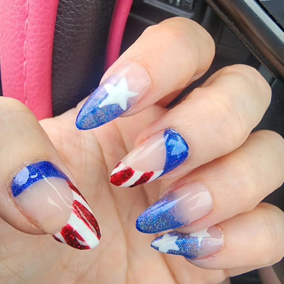 patriotic nails 2026 + Glitter Blue French Tips with Sparkling Flag Ribbons