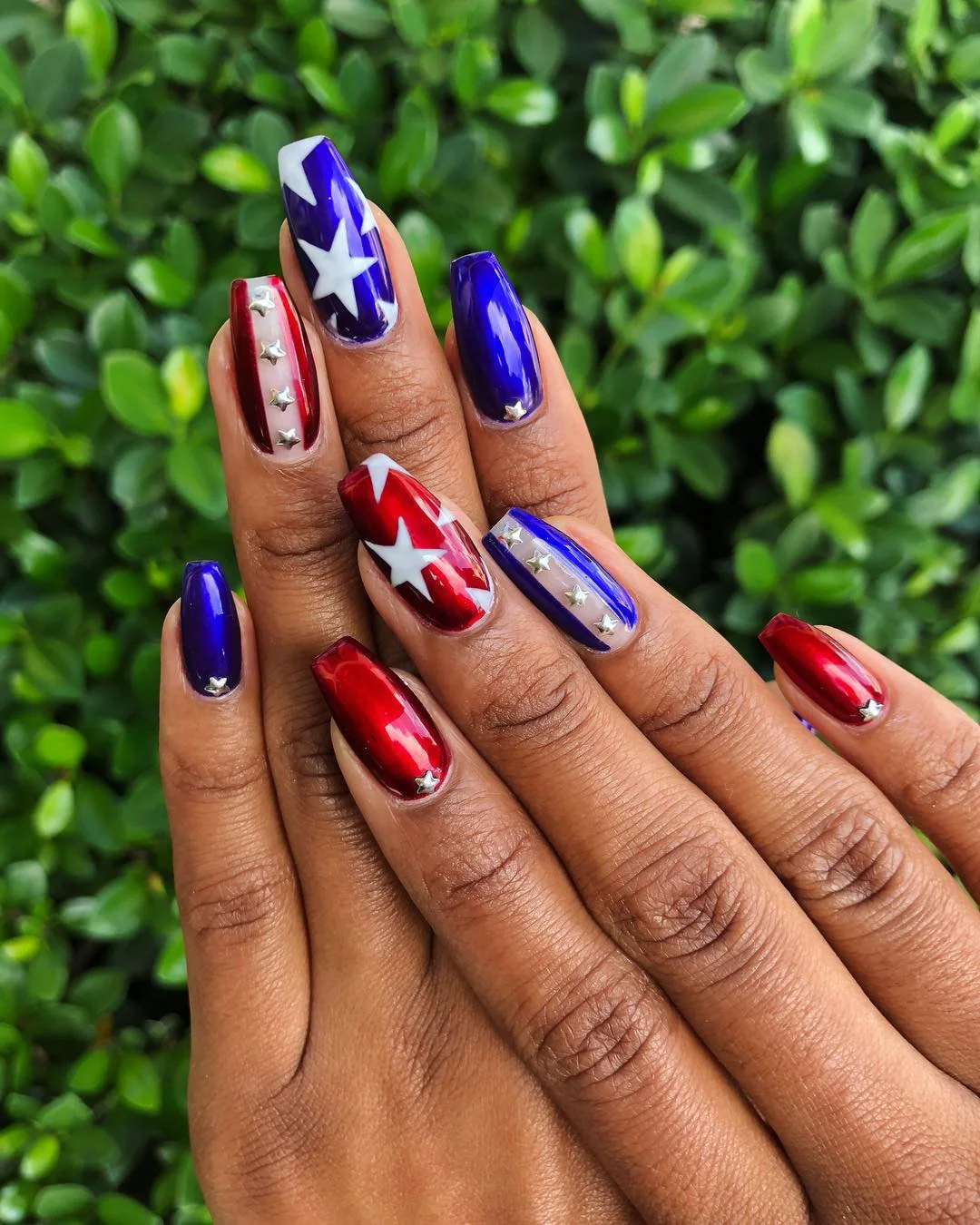 patriotic nails 2026 + Metallic Red and Blue Star Nails with Silver Stud Accents