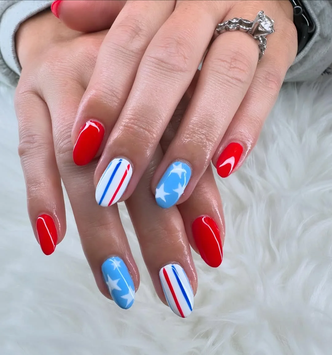 patriotic nails 2026 + Bright Red Nails with Sky Blue Stars and Clean Stripes