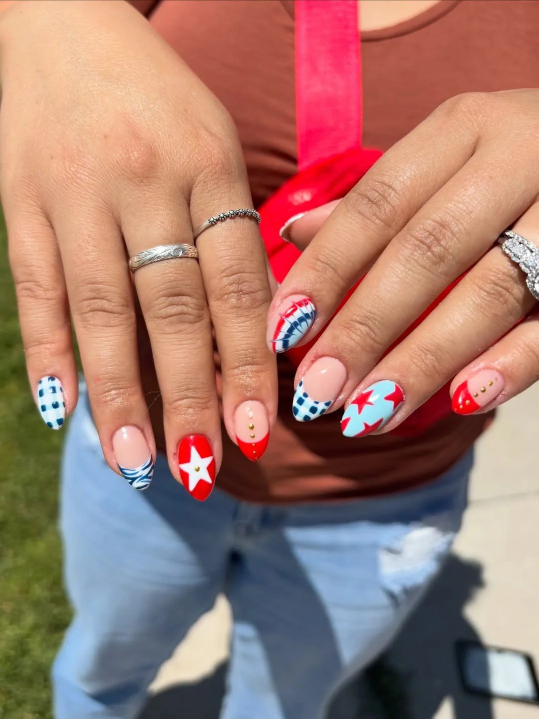 patriotic nails 2026 + Western Picnic Almond Nails with Stars and Gingham Tips
