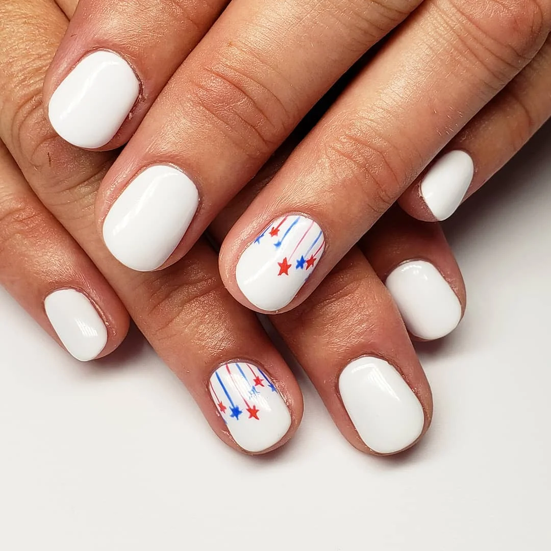 patriotic nails 2026 + Minimal White Nails with Falling Red and Blue Stars
