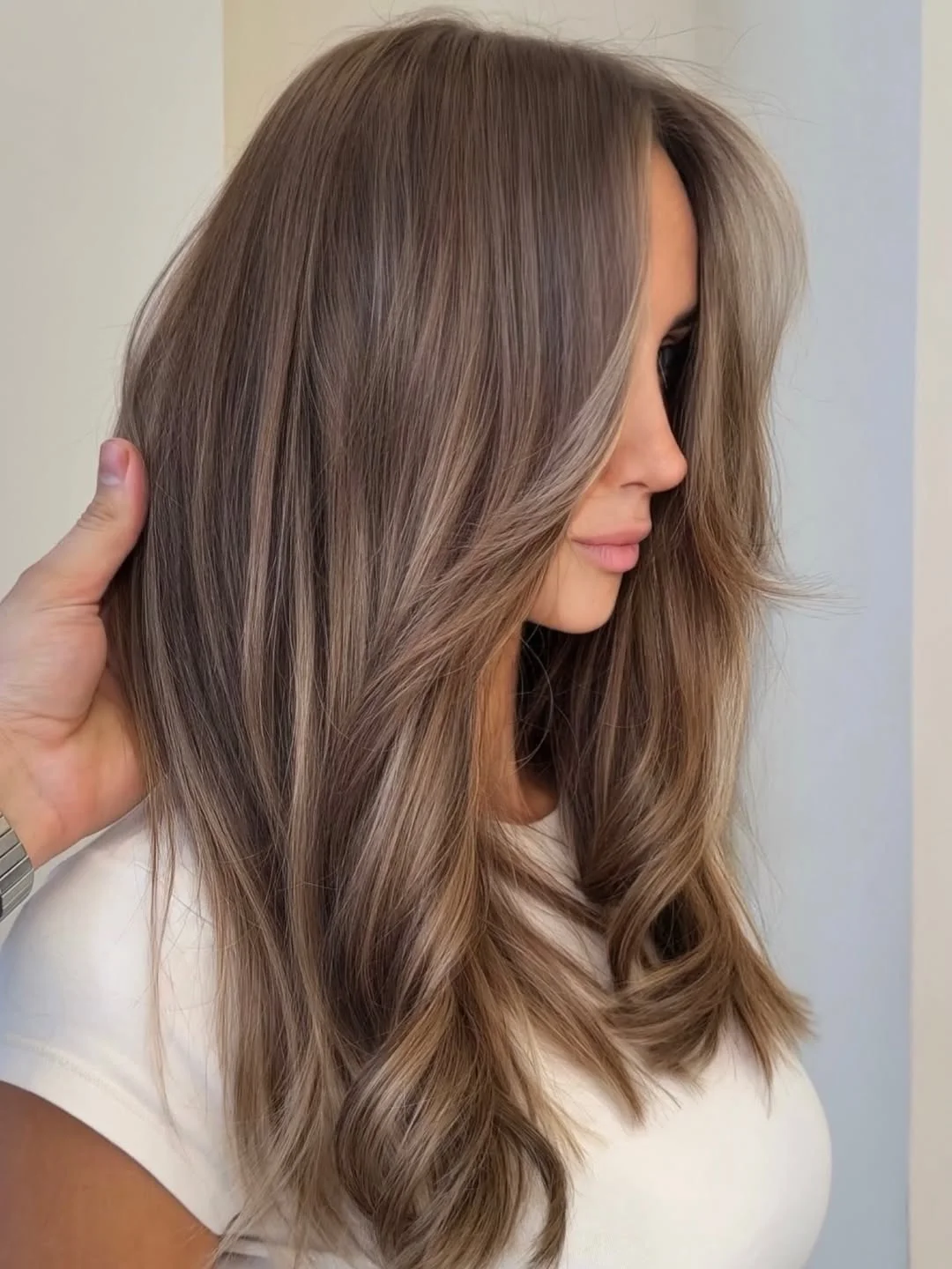 rich summer hair color ideas for brunettes 2026 + Mushroom Brunette With Champagne Face Framing Ribbons