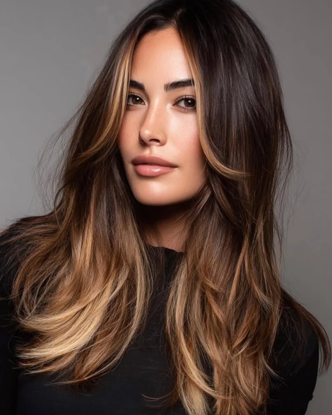rich summer hair color ideas for brunettes 2026 + Dark Chocolate Brunette With Golden Caramel Money Pieces