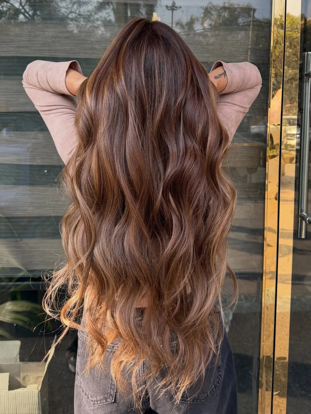 rich summer hair color ideas for brunettes 2026 + Rose Chestnut Brunette With Sunset Copper Glow