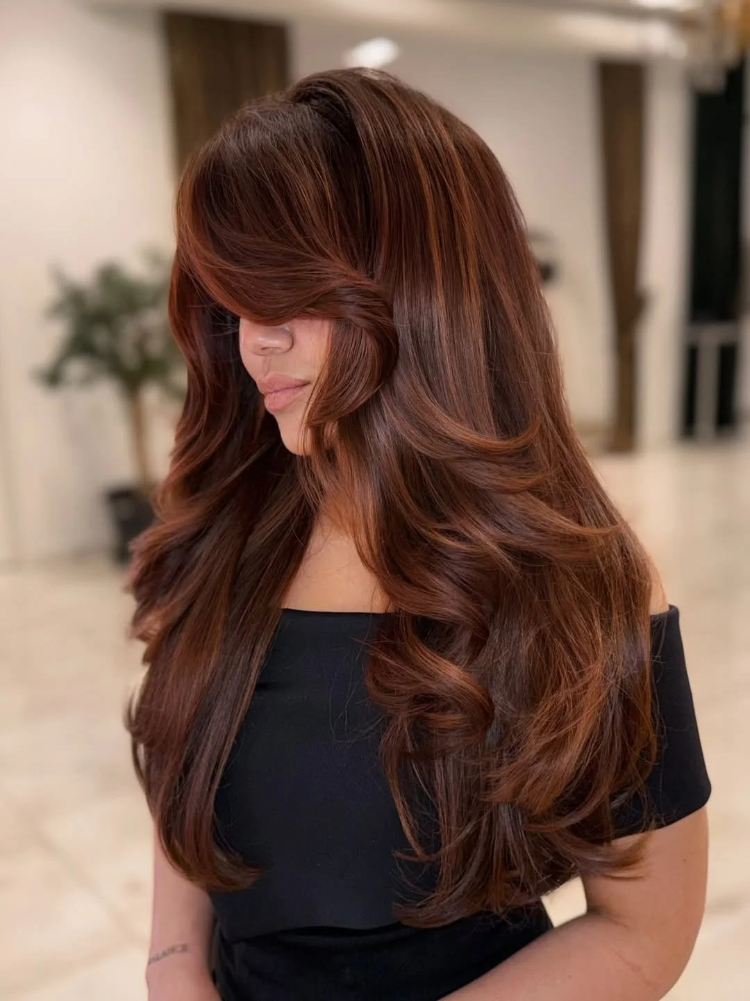 rich summer hair color ideas for brunettes 2026 + Cinnamon Chocolate Layers With Sweeping Fringe