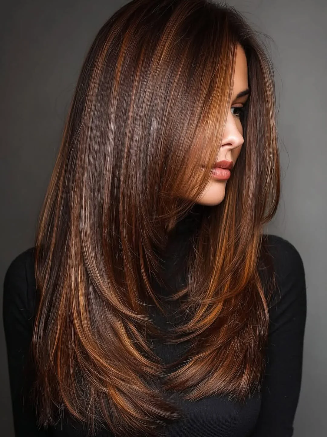 rich summer hair color ideas for brunettes 2026 + Cinnamon Mocha Brunette With Copper Ribbon Highlights