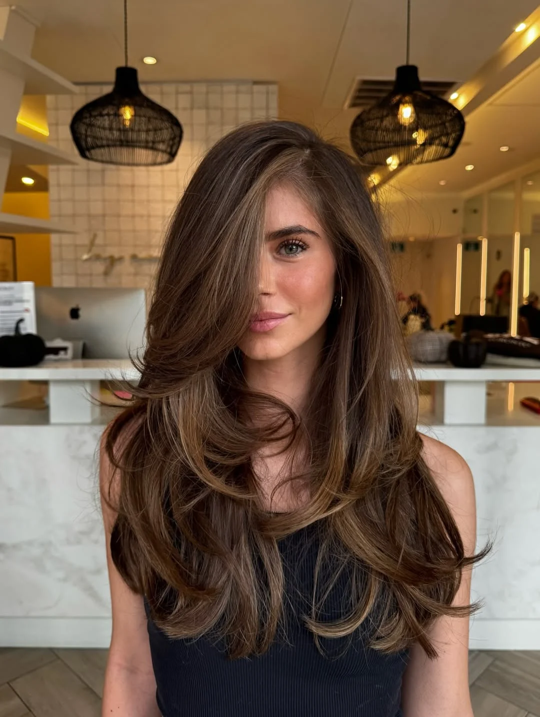 rich summer hair color ideas for brunettes 2026 + Toasted Brunette Layers With Barely There Caramel Light