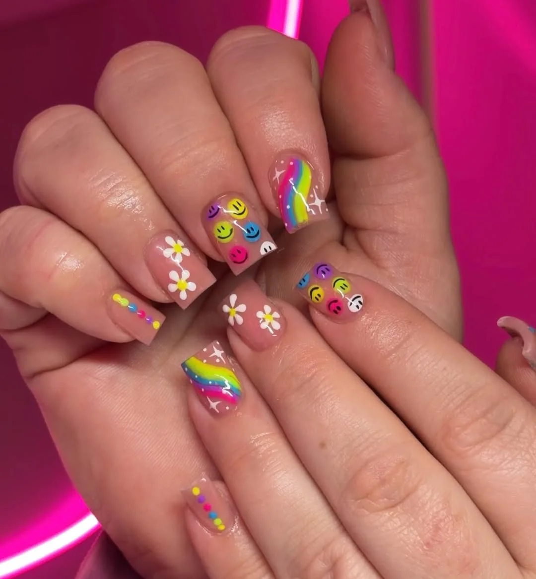 short squoval nails design 2026 + Rainbow Smiles and Daisy Squoval Nail Art