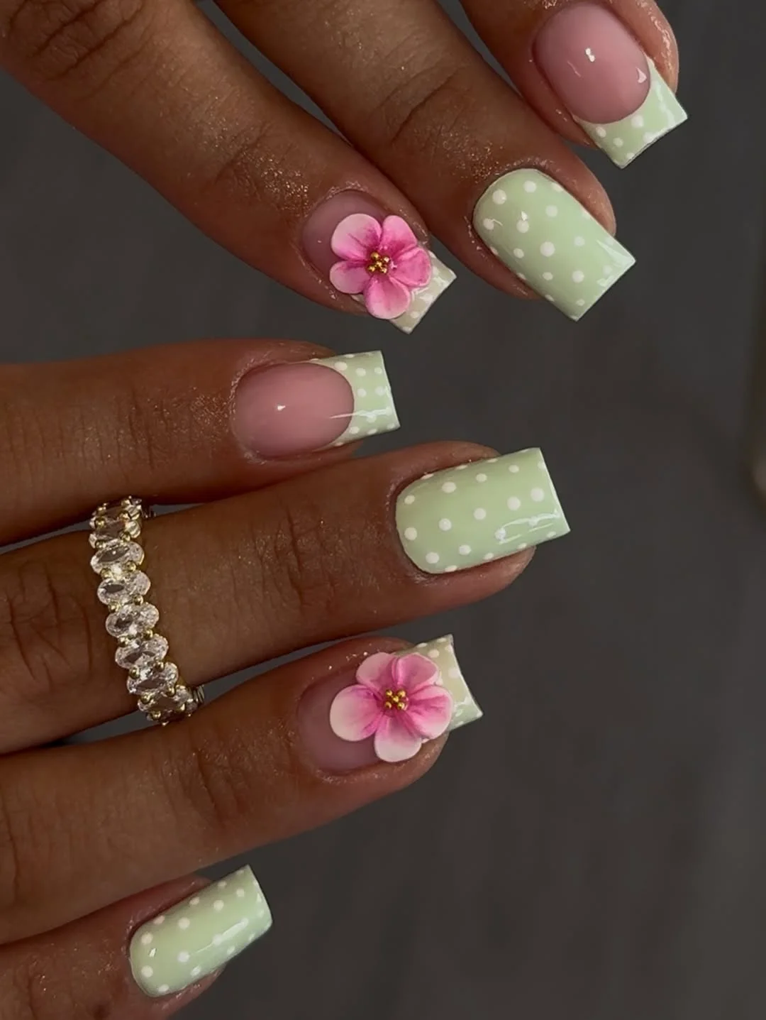 short squoval nails design 2026 + Mint Polka Dots and Raised Pink Blossom Nails