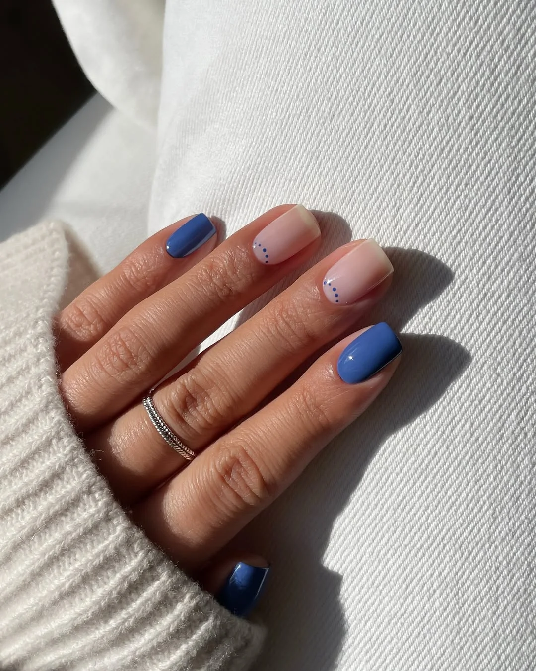 short squoval nails design 2026 + Periwinkle Blue Squoval Nails with Minimal Dot Curves