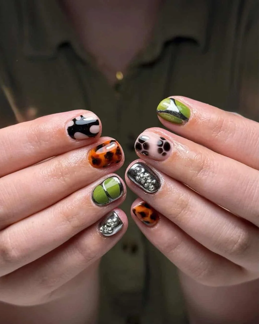 short squoval nails design 2026 + Graphic Tortoiseshell and Chrome on Tiny Squoval Nails