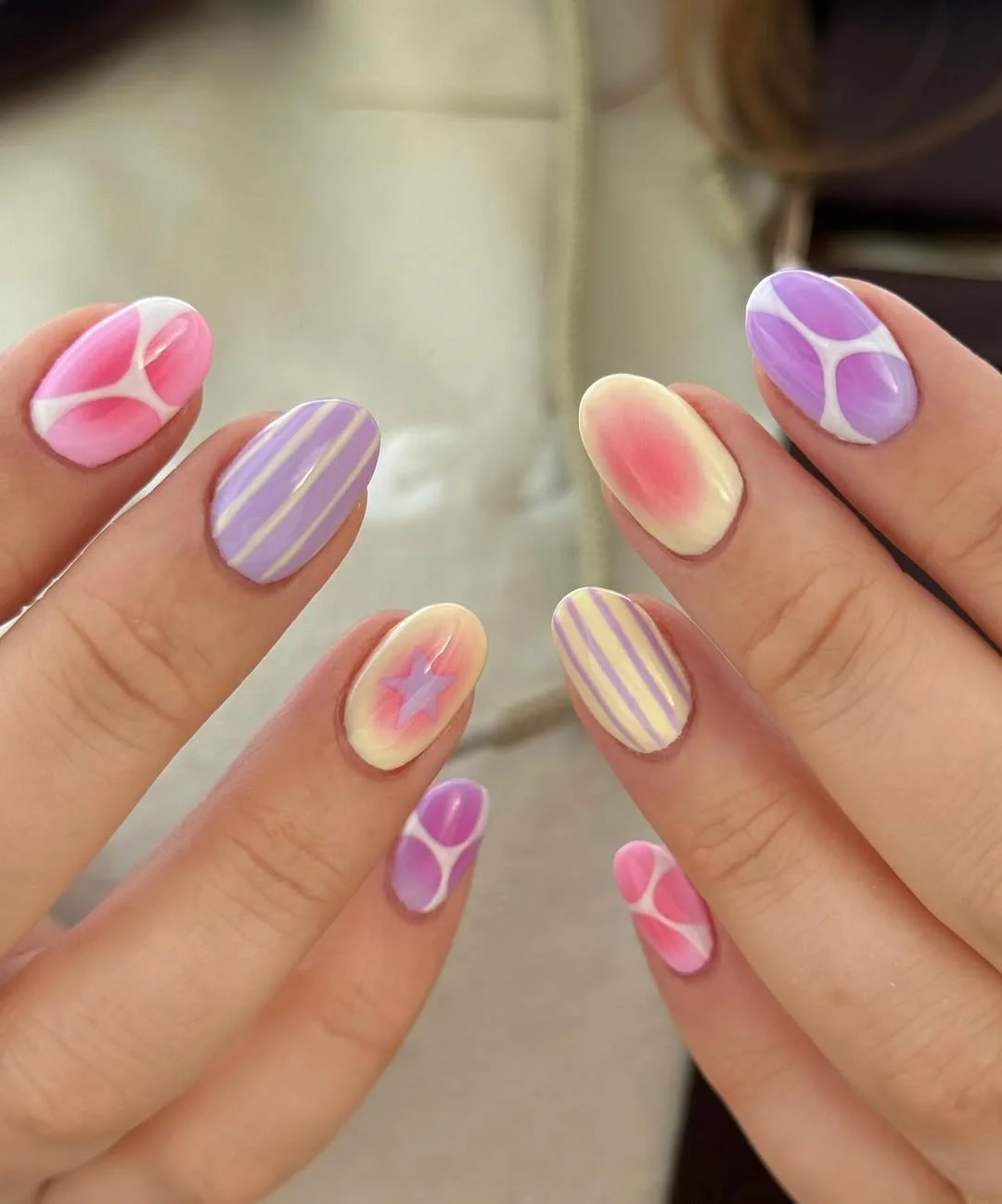 short squoval nails design 2026 + Pastel Swirls and Soft Aura Stars