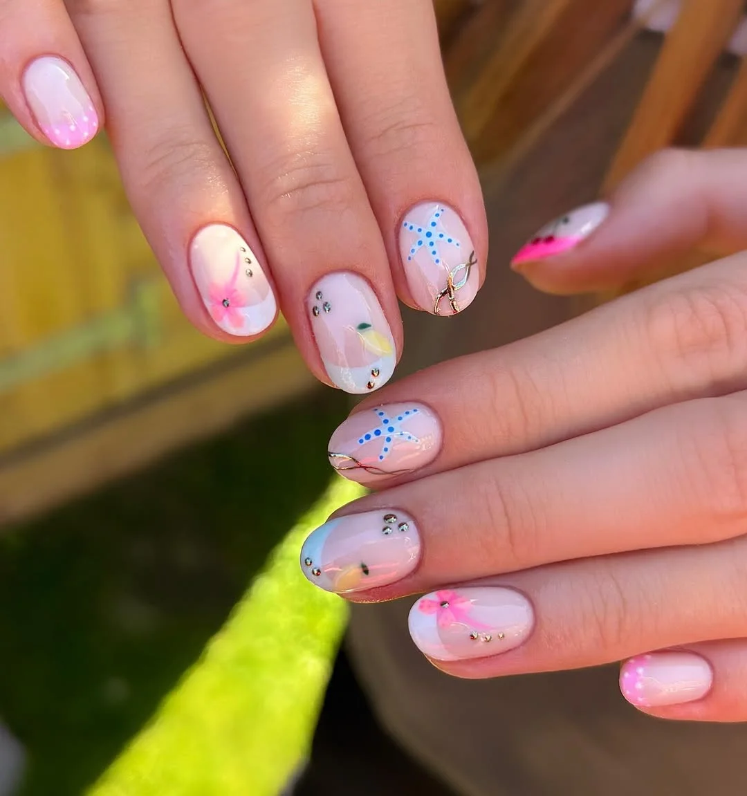 short squoval nails design 2026 + Delicate Garden Details on Glossy Short Nails