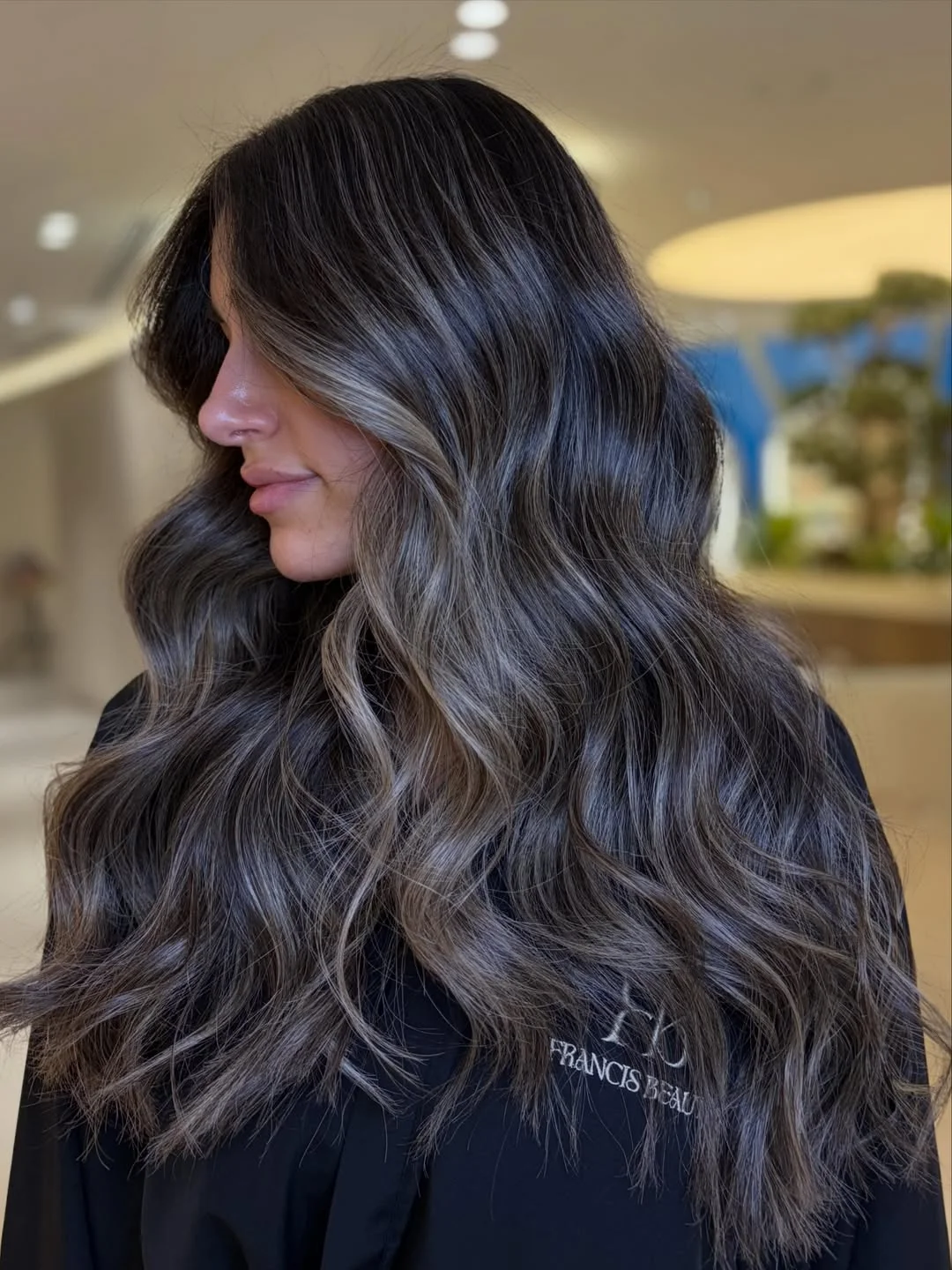 soft summer ombre hair color 2026 + Smoky Espresso Waves With Subtle Ash Ribbons