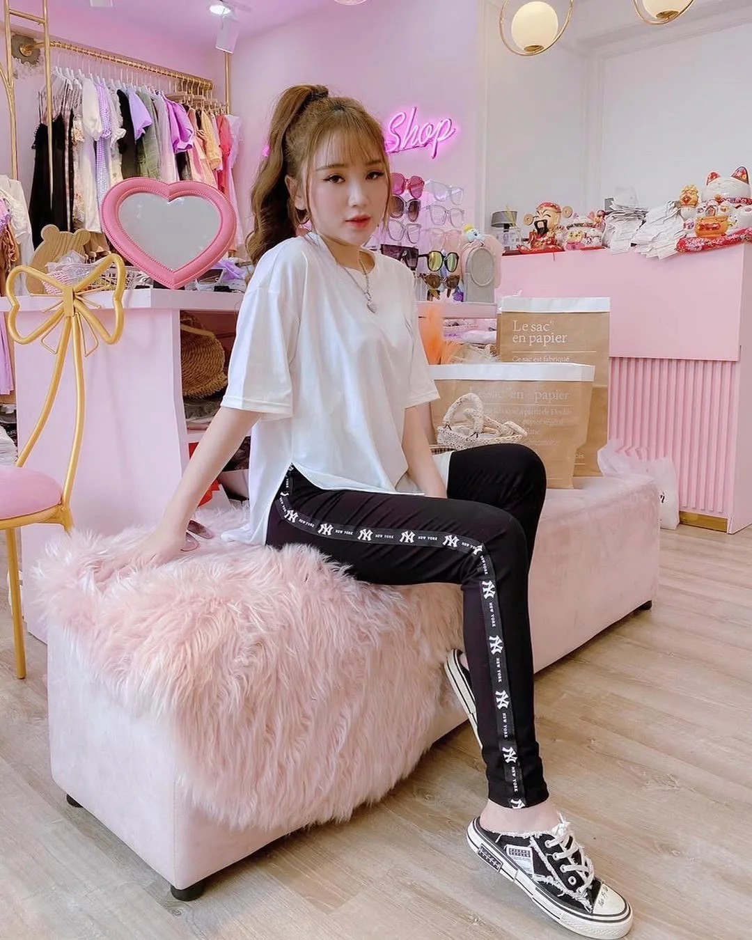 sporty legging outfits summer 2026 Oversized White Tee With Logo Side-Stripe Leggings