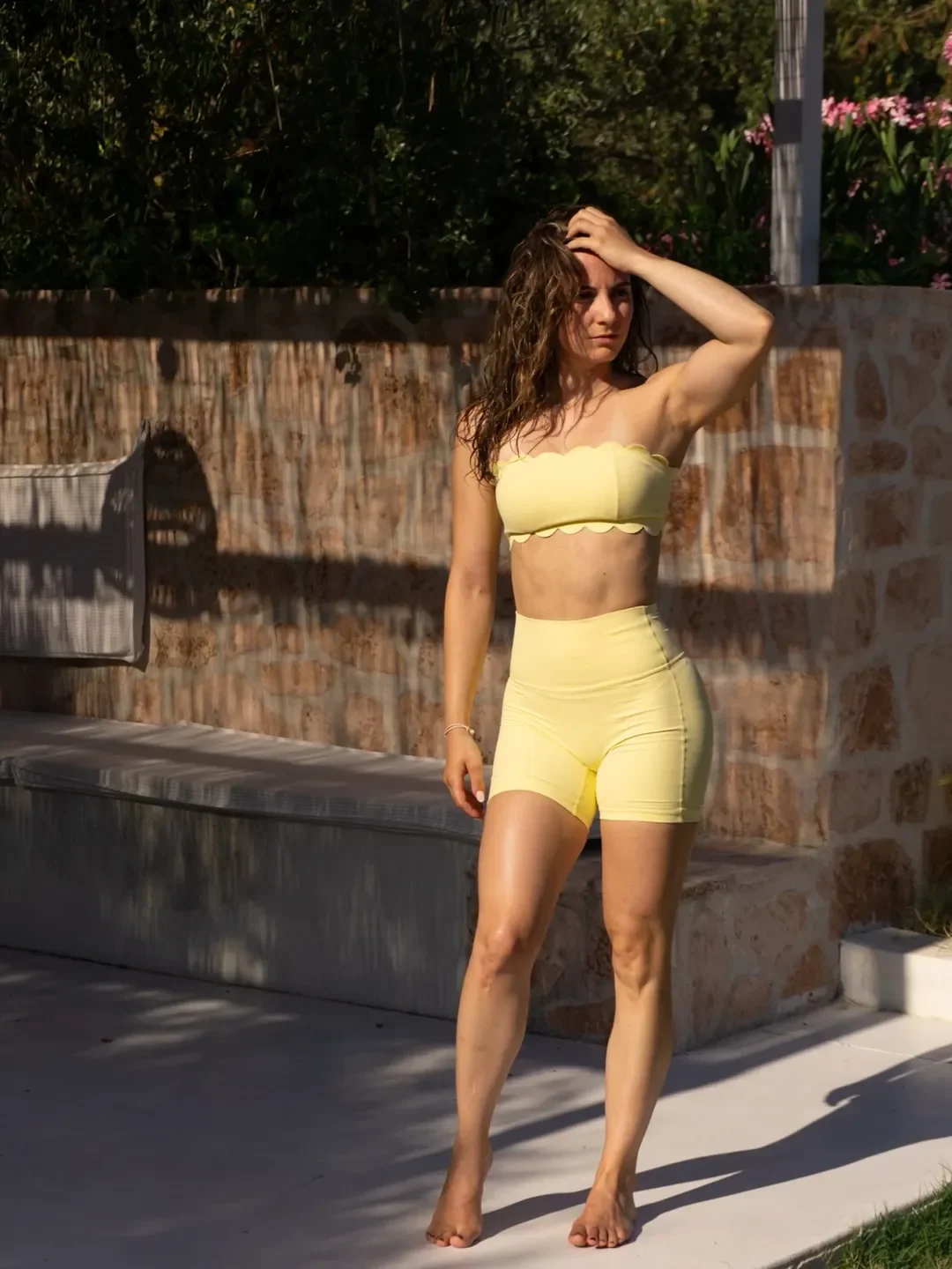 sporty legging outfits summer 2026 Butter Yellow Biker Shorts Set For Hot Summer Days