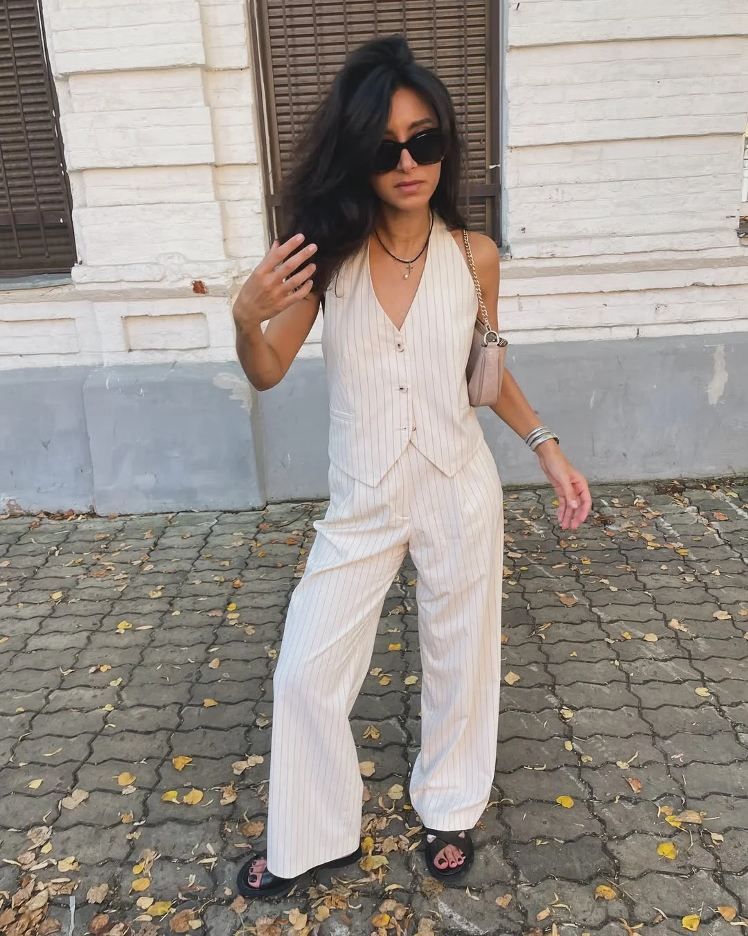 summer business casual outfit 2026 Cream Pinstripe Vest And Wide Leg Trousers