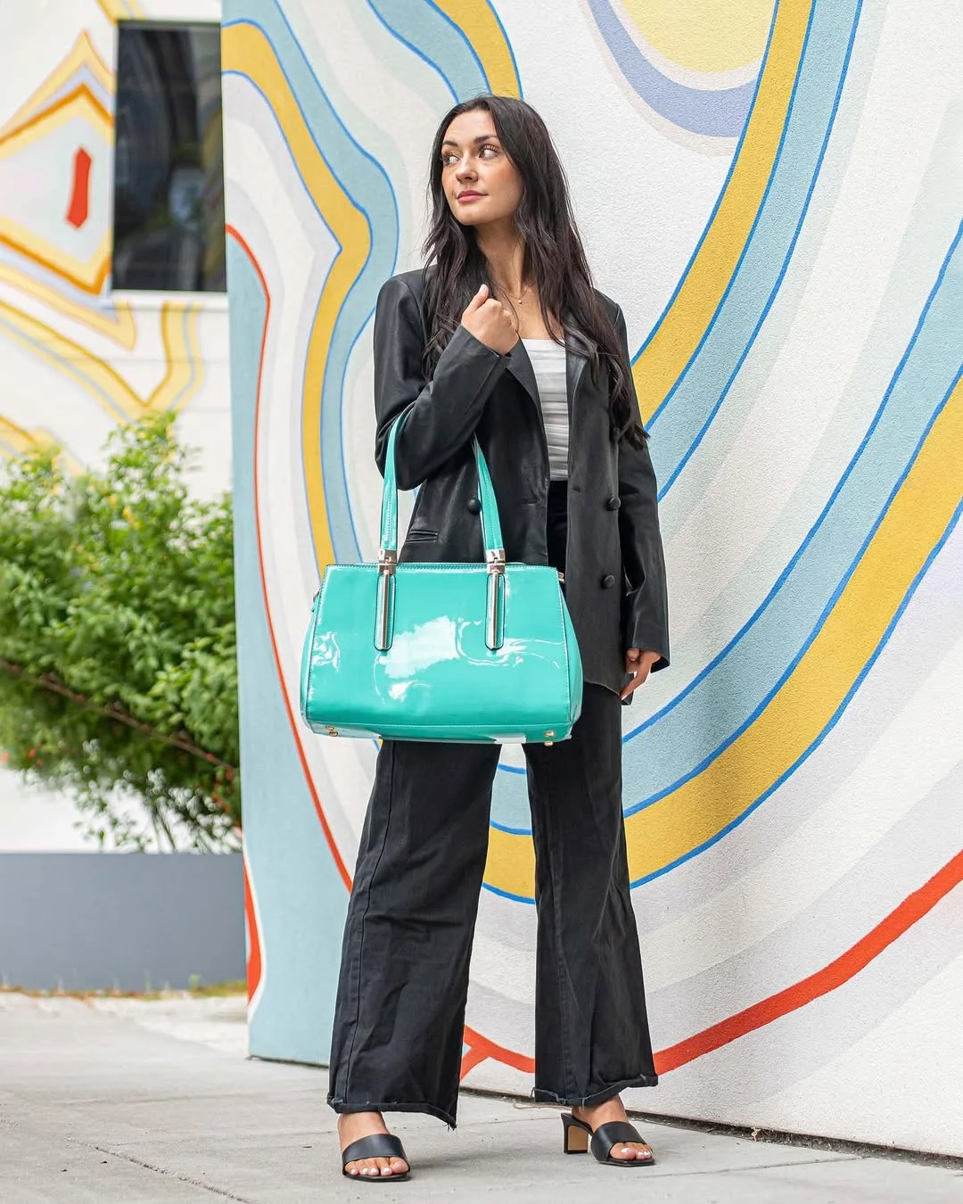 summer business casual outfit 2026 Black Leather Blazer With Wide Leg Denim