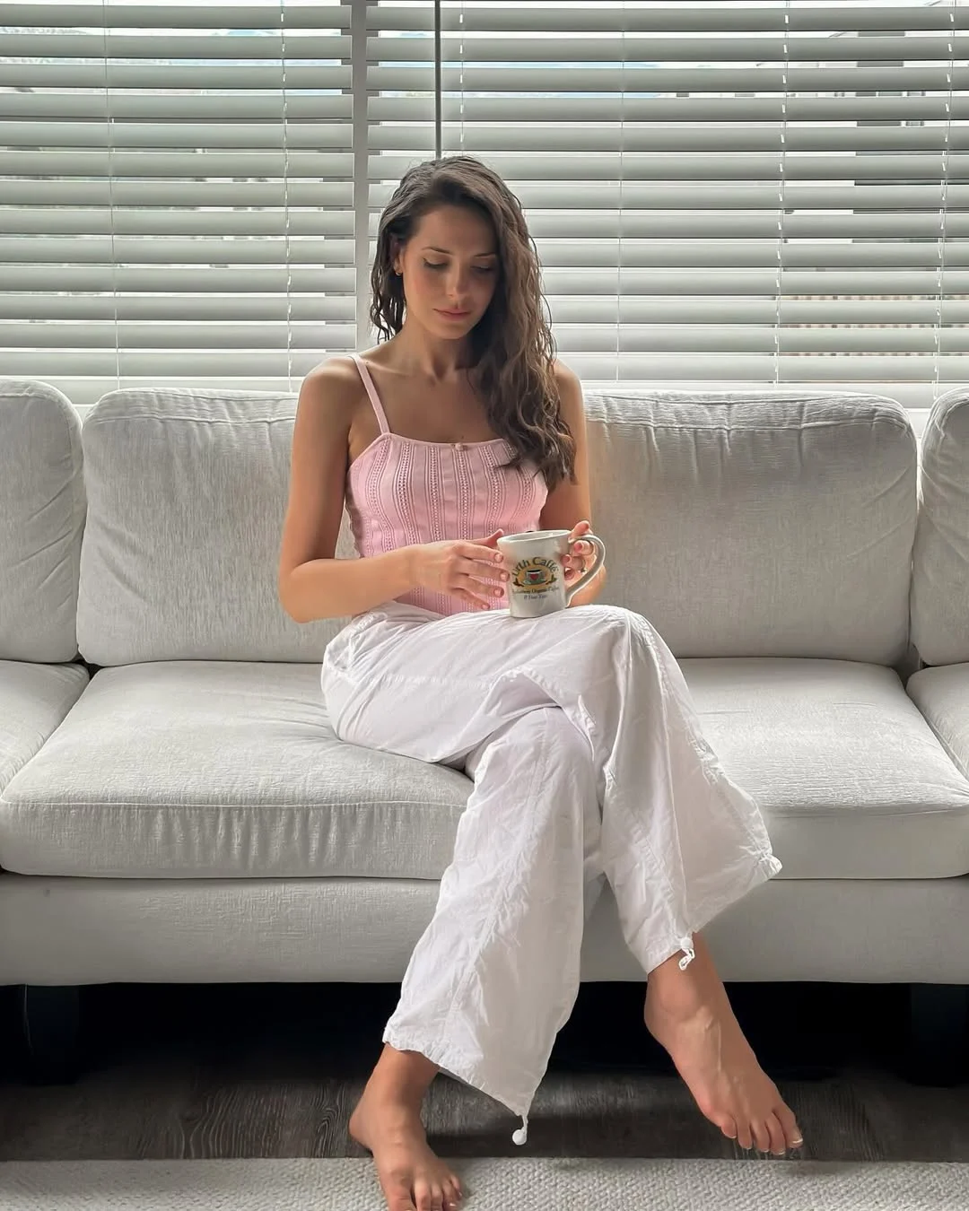 summer business casual outfit 2026 Soft Pink Tank With White Wide Leg Pants