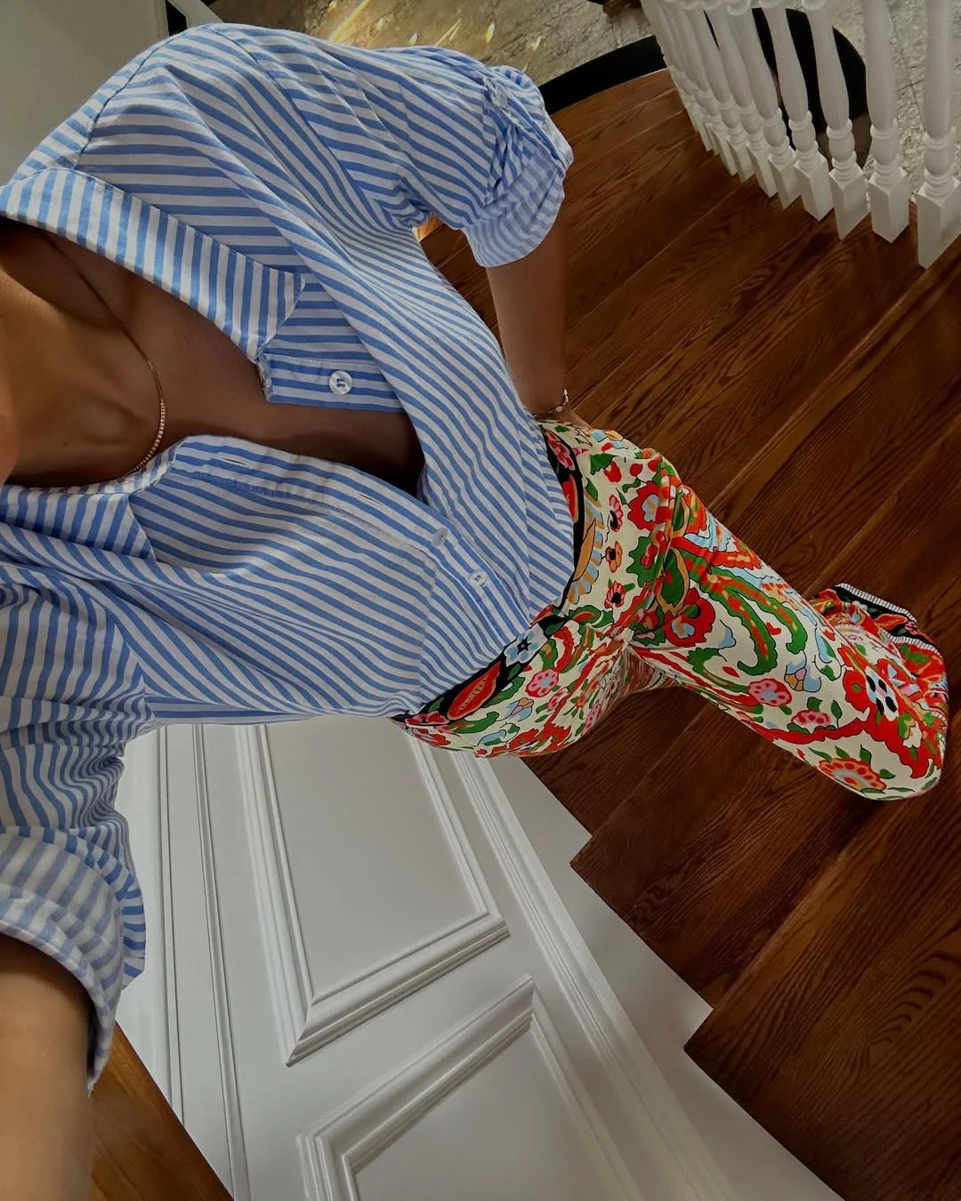 summer business casual outfit 2026 Blue Striped Shirt With Floral Statement Pants