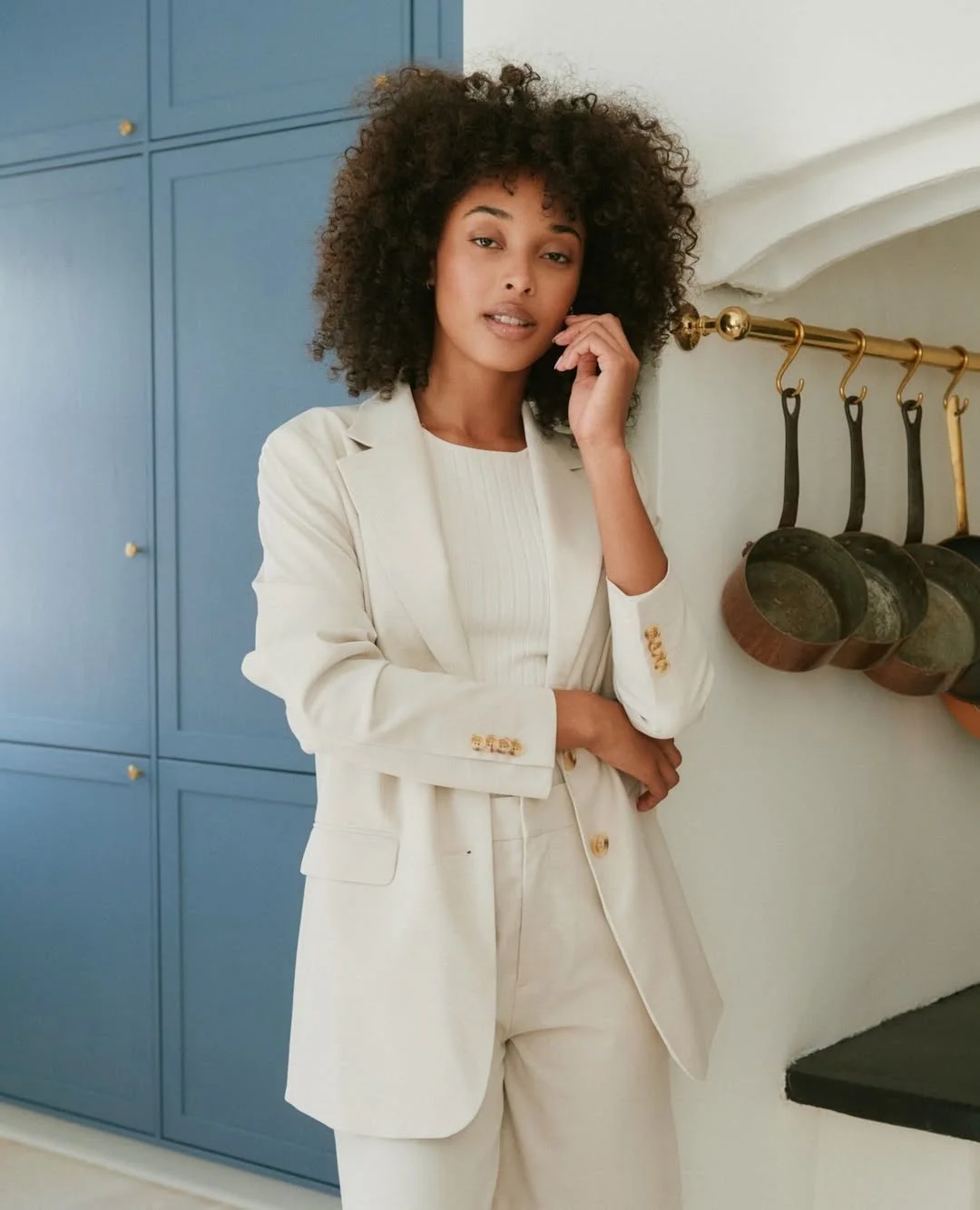 summer business casual outfit 2026 Cream Monochrome Suiting With A Ribbed Knit Top