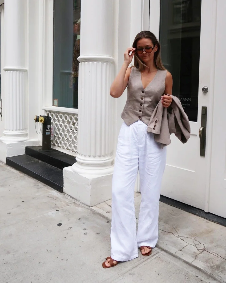 summer business casual outfit 2026 Neutral Vest And White Wide Leg Pants