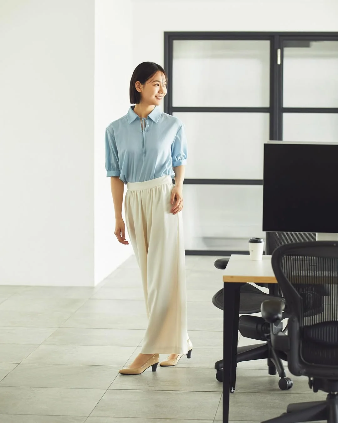 summer business casual outfit 2026 Sky Blue Polo Blouse With Cream Wide Leg Trousers