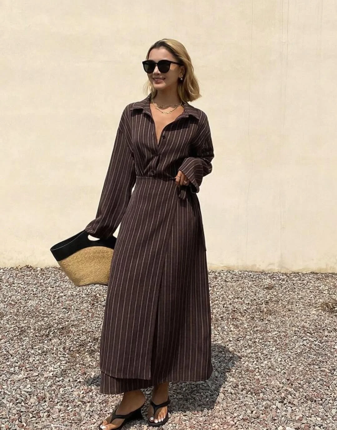 summer business casual outfit 2026 Chocolate Pinstripes With A Long Summer Skirt
