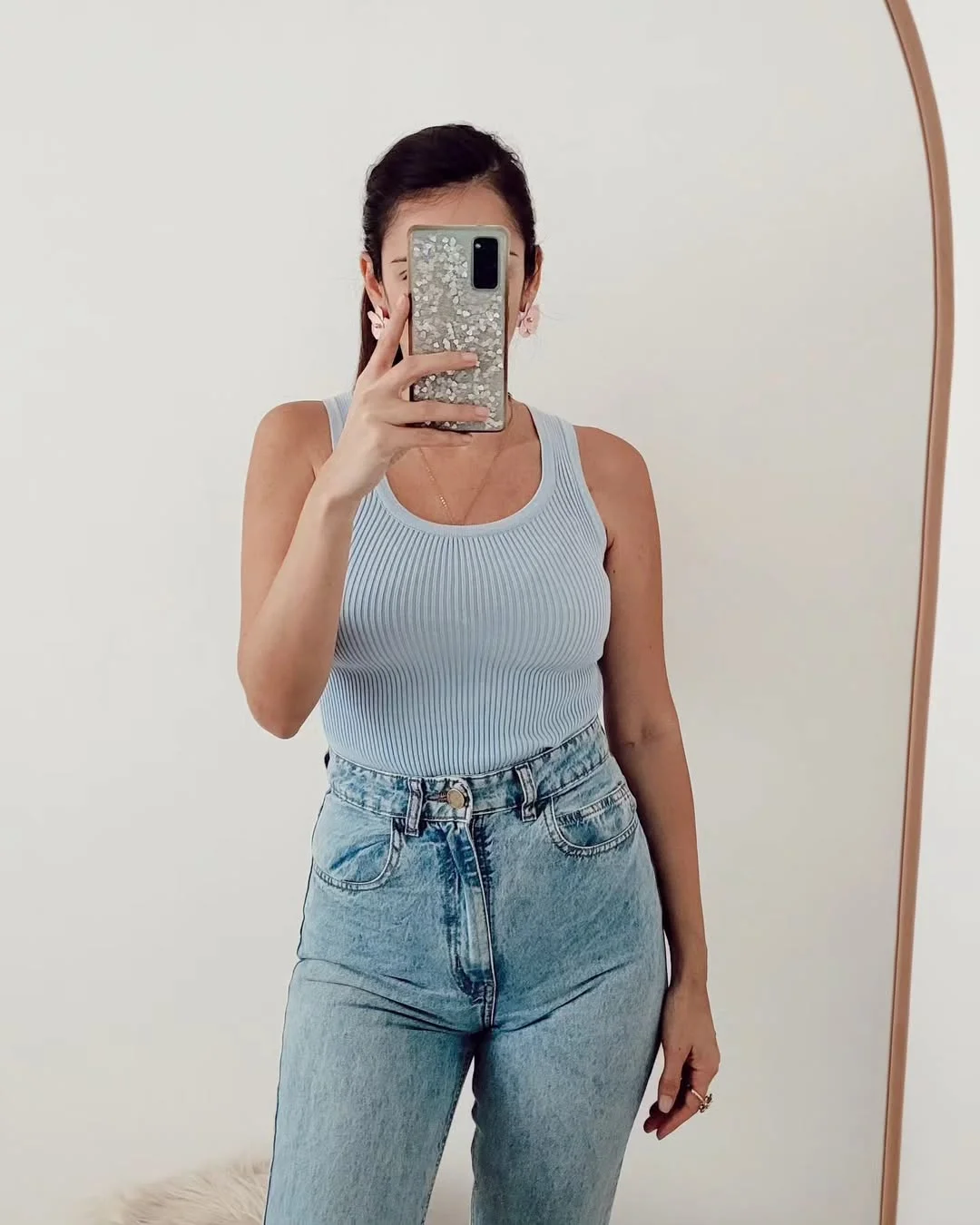 summer clothes essentials 2026 Ribbed Blue Tank And High-Waisted Jeans For Everyday Heat