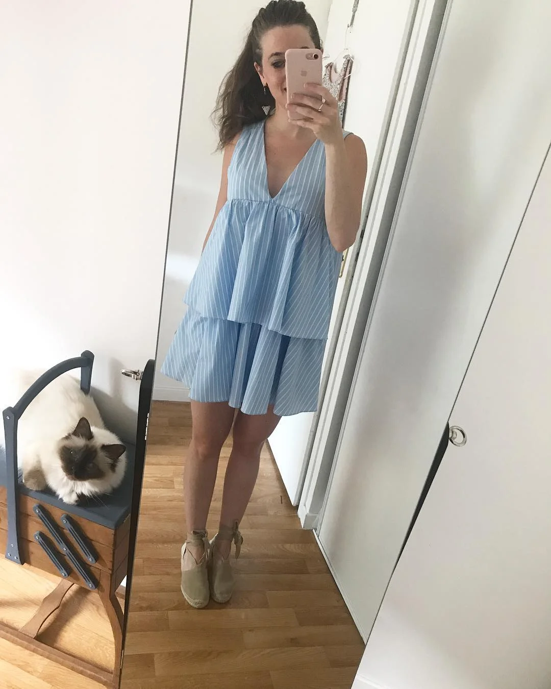 summer clothes essentials 2026 Blue Striped Mini Dress With Tiered Shape