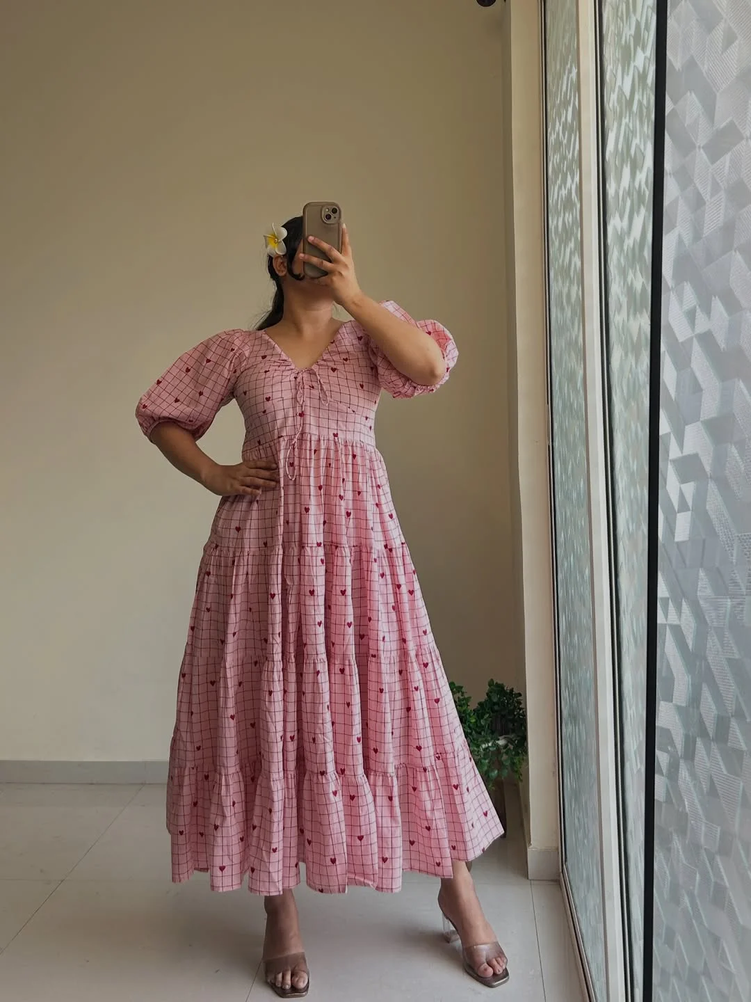 summer cotton dresses 2026 Pink Checked Cotton Dress With Tiny Heart Details