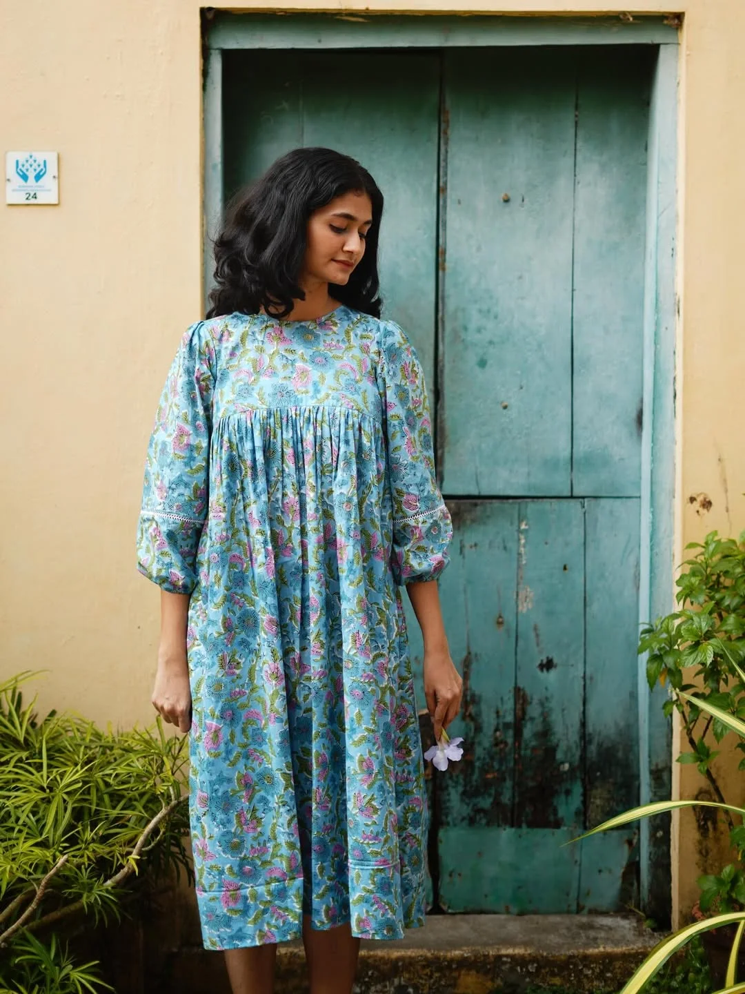 summer cotton dresses 2026 Soft Blue Floral Cotton Dress With Indian Everyday Grace