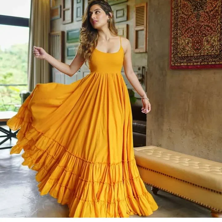 summer cotton dresses 2026 Golden Mustard Cotton Maxi With Dramatic Summer Movement
