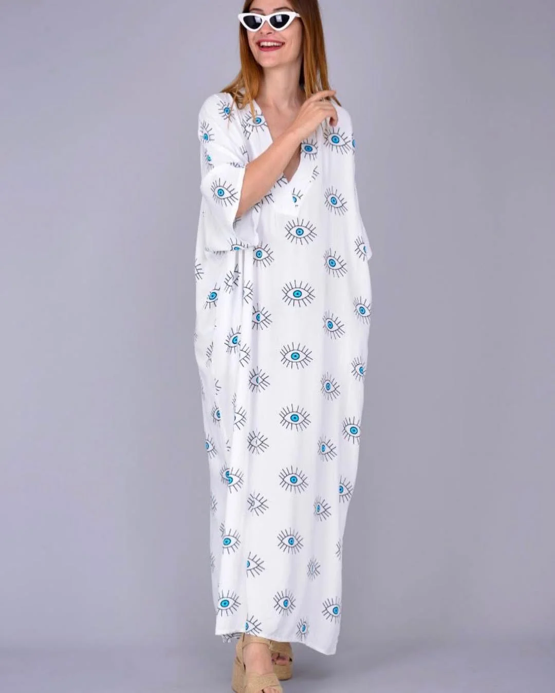 summer cotton dresses 2026 White Eye Print Cotton Kaftan For Playful Resort Dressing