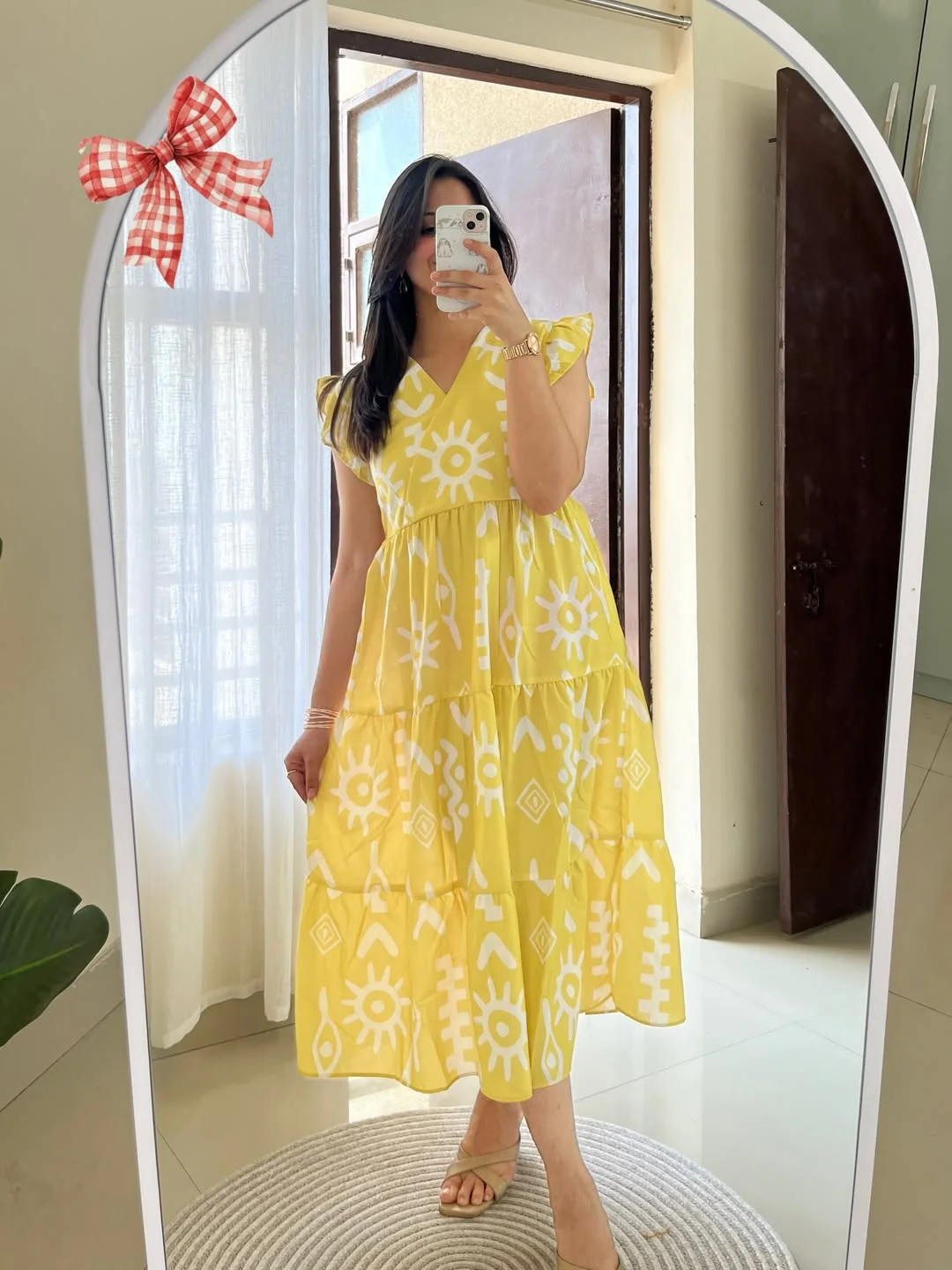 summer cotton dresses 2026 Sunny Yellow Tiered Cotton Midi With Playful Graphic Print