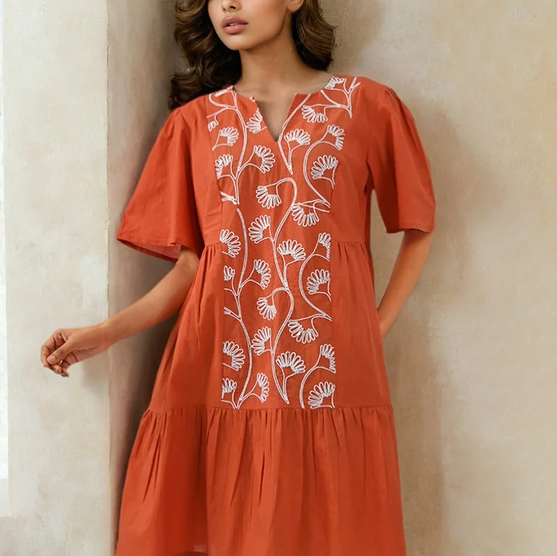 summer cotton dresses 2026 Terracotta Embroidered Cotton Dress With Soft Everyday Ease