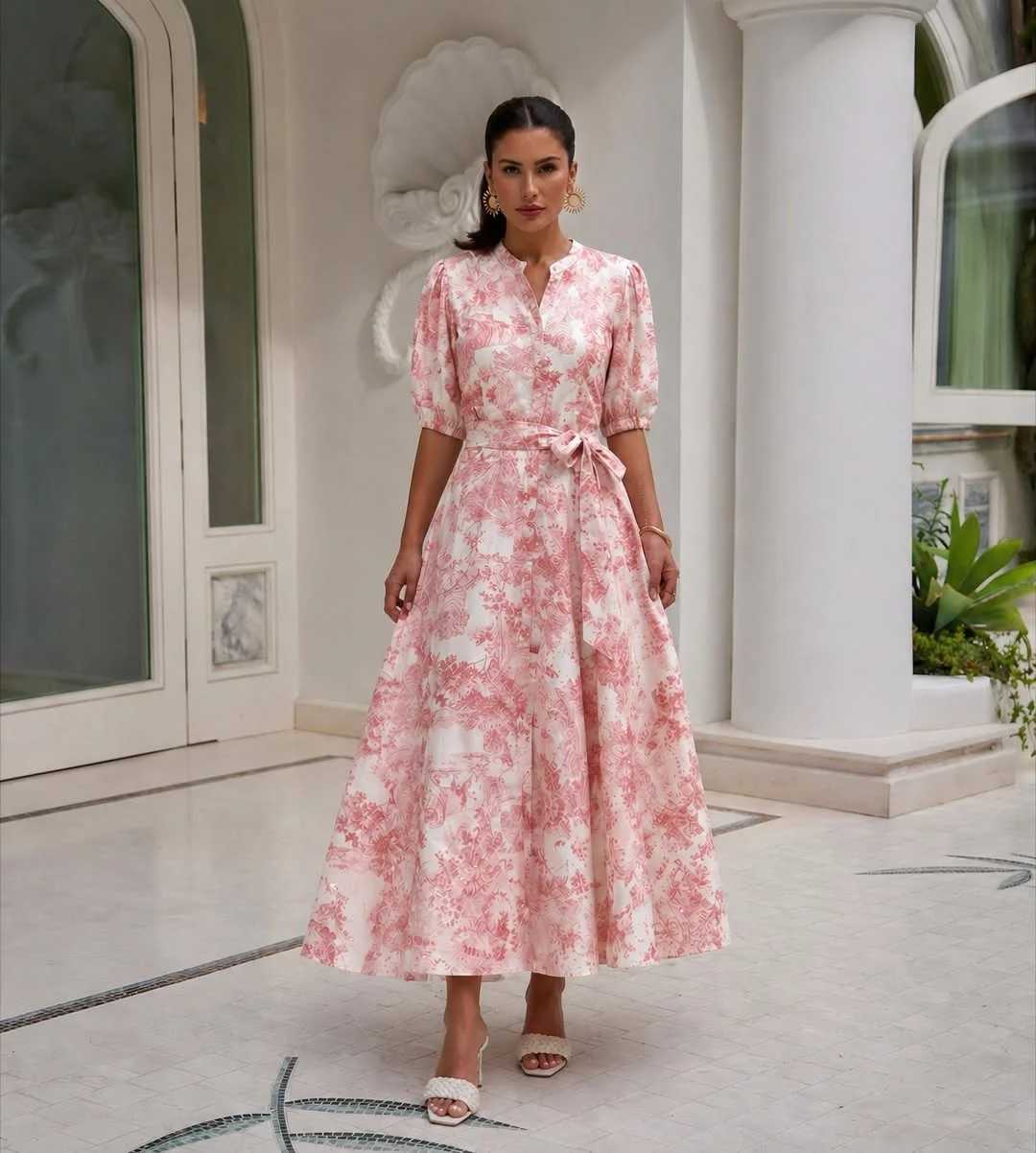 summer cotton dresses 2026 Pink Toile Cotton Midi Dress With Soft Feminine Polish
