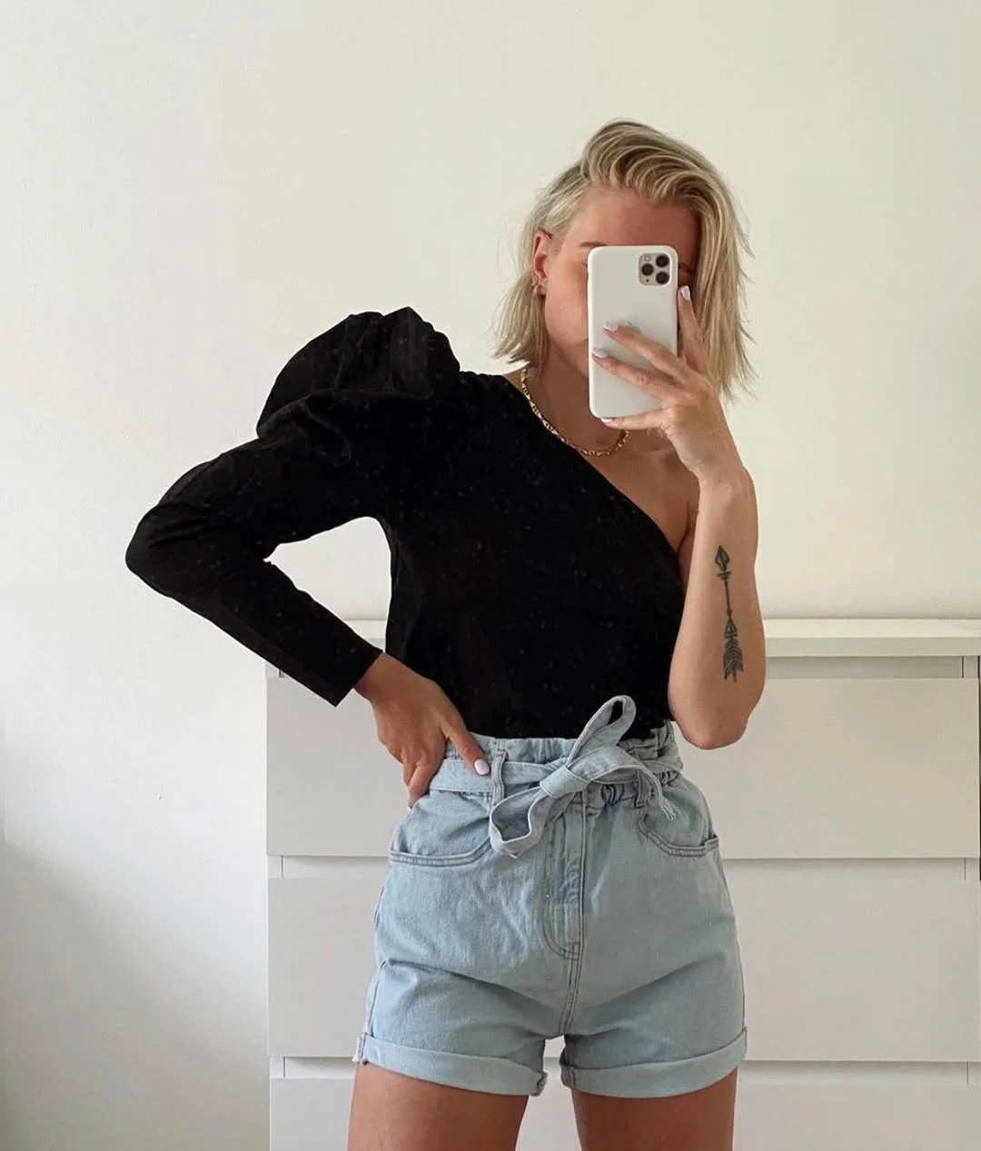 summer denim shorts 2026 Black One Shoulder Top With Paperbag Denim Shorts
