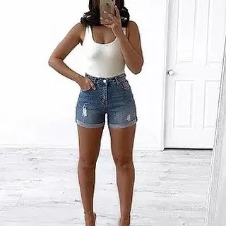 summer denim shorts 2026 White Tank Top With Classic High Rise Denim Shorts