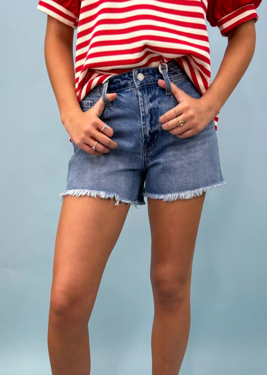 summer denim shorts 2026 Red Striped Tee And Frayed Shorts With Playful Energy