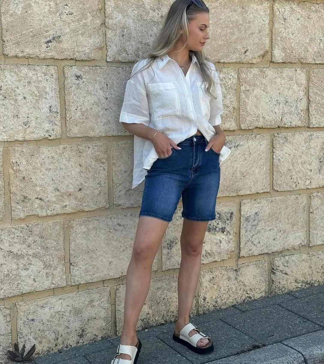summer denim shorts 2026 White Button Down Shirt With Longline Denim Shorts