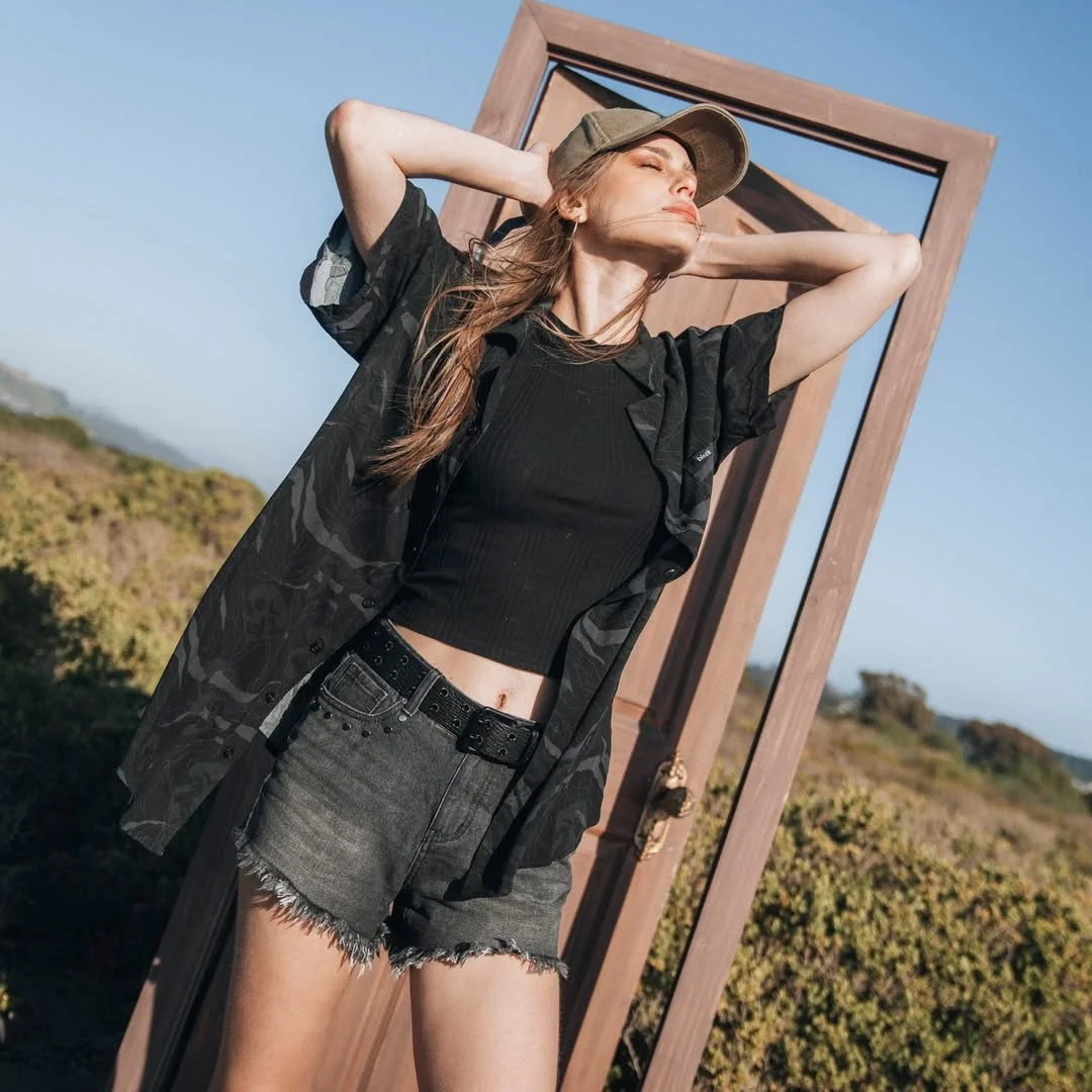 summer denim shorts 2026 Black Outdoor Layers With Charcoal Denim Cutoffs